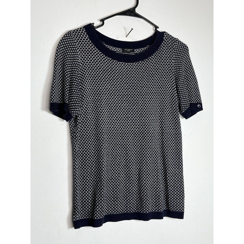 Talbots Sweater Womens Petite P Blue Geometric Knit Short Sleeve Crew Neck